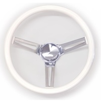 13-1/2" Classic Steering Wheel - Chrome Slotted 3 Spoke, White Vinyl Grip, 3" Dish