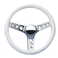 15" Vinyl Steering Wheel - Chrome 3 Hole, 3 Spoke, White Vinyl Grip, 4-1/8" Dish