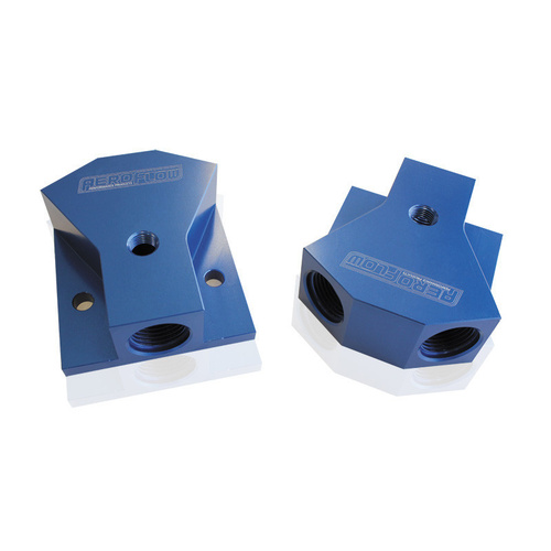 Aeroflow BILLET Y-BLOCK 2 X -8 1 X -10ORB BLUE WITH MOUNTING PAD