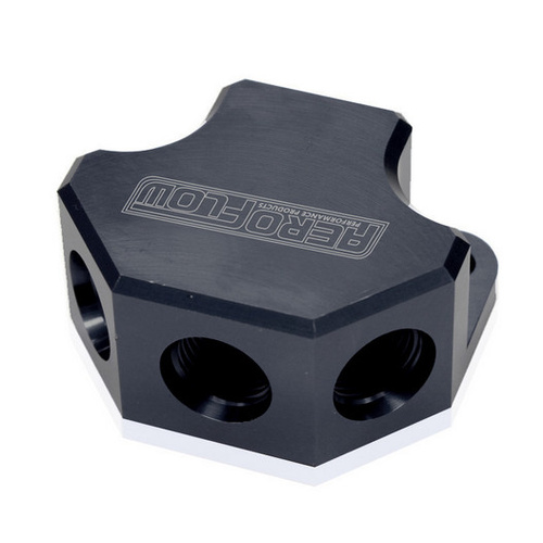 Aeroflow Y BLOCK 4 PORT DISTRIBUTION BLACK 3X -8ORB 1X -10ORB INLET
