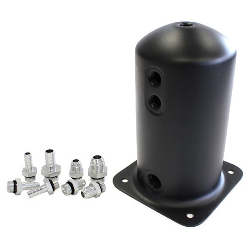 Aeroflow SURGE TANK 2.5L ANODISED BLACK3X3/8 1X1/2 OR 3X -6AN 1X -8AN