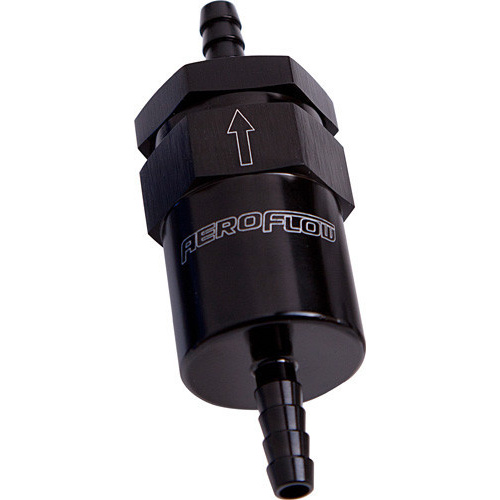 Aeroflow BILLET FUEL FILTER 5/16'' BARB BLACK 30 MICRON BRONZE FILTER