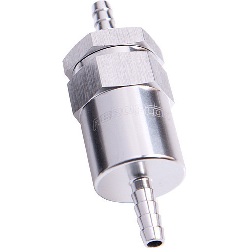 Aeroflow BILLET FUEL FILTER 1/2'' BARB SILVER 30 MICRON FILTER