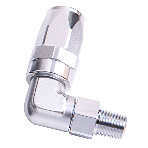 Aeroflow MALE 1/2'' NPT 90 DEG TO -10AN SILVER FULL SWIVEL 90 DEG