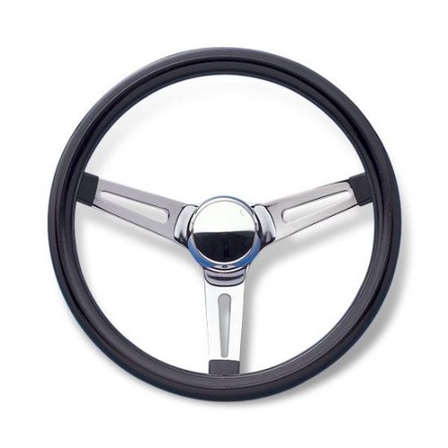 13-1/2" Classic Steering Wheel - Chrome Slotted 3 Spoke, Black Vinyl Grip, 3" Dish