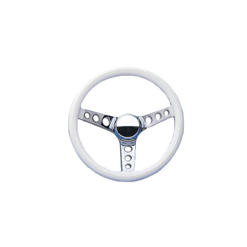 15" Vinyl Steering Wheel - Chrome 3 Hole, 3 Spoke, White Vinyl Grip, 4-1/8" Dish